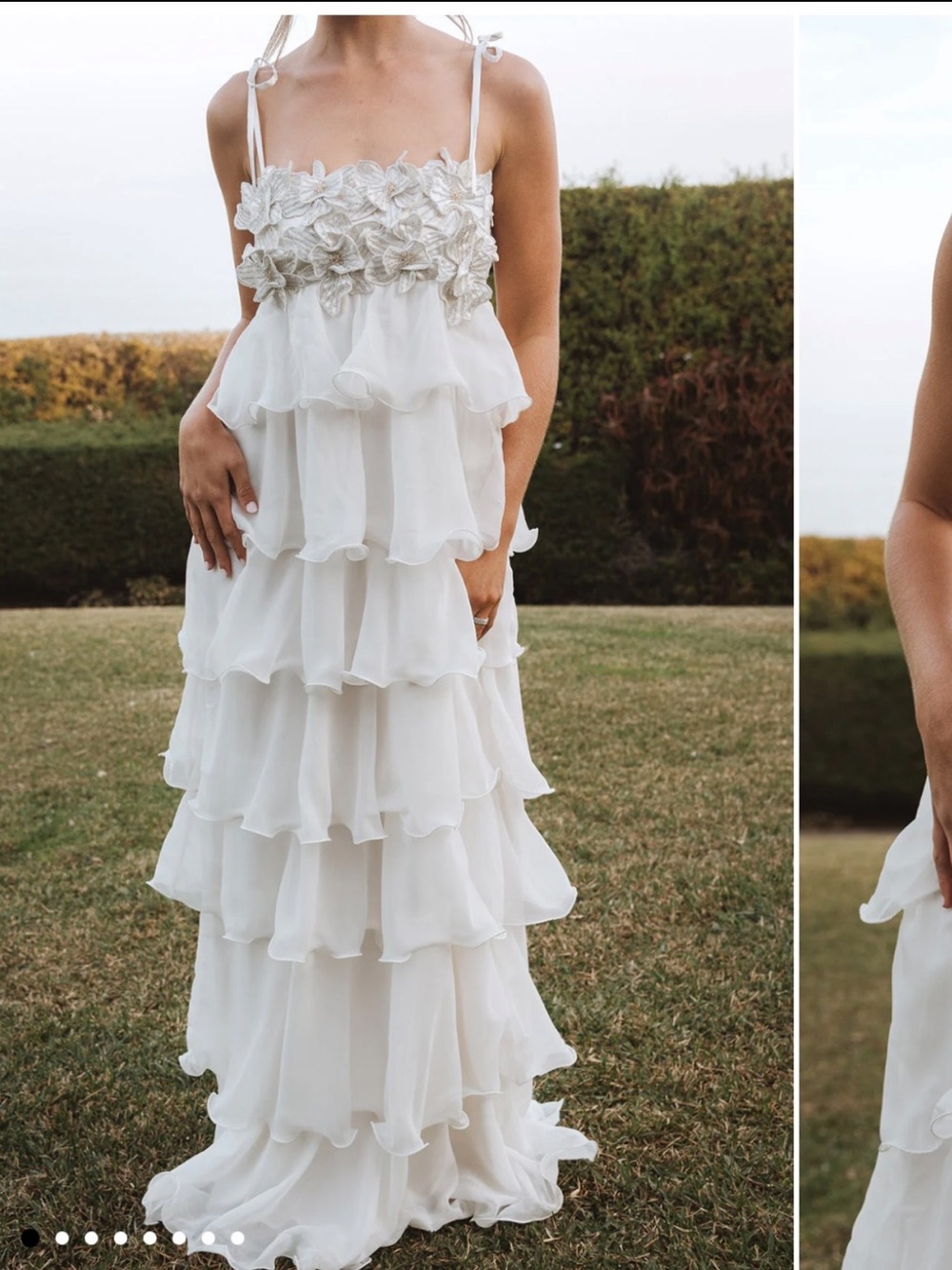 White Tiered Ruffle Maxi Dress with Floral Bodice